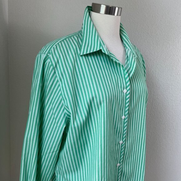 Foxcroft Womens Plus 18 Green Striped Button Up Shirt Wrinkle Free Shaped Fit - Picture 2 of 8